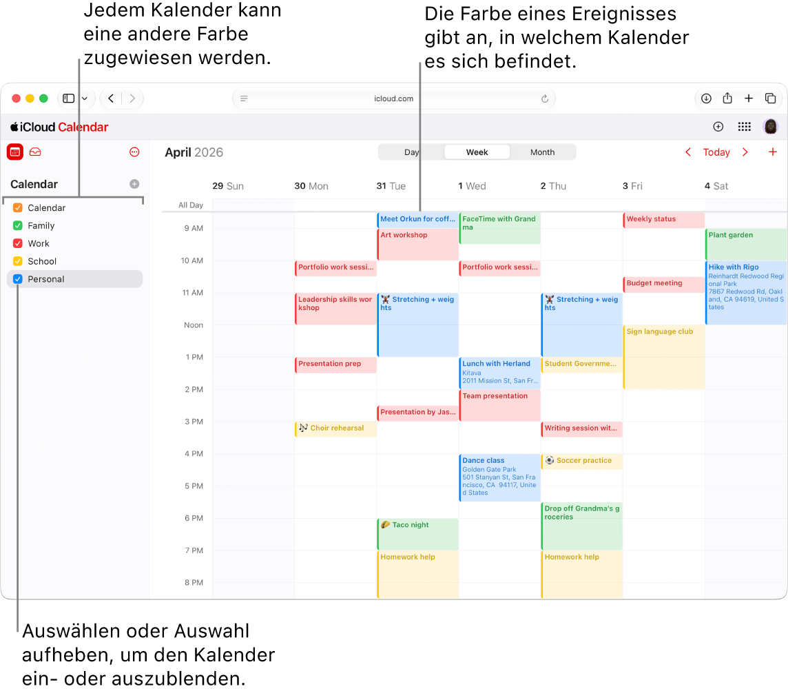Das Fenster „Kalender“ auf iCloud.com – mit mehreren sichtbaren Kalendern. Den Kalendern sind verschiedene Farben zugewiesen. Anhand der Farbe eines Ereignisses ist ersichtlich, zu welchem Kalender es gehört.