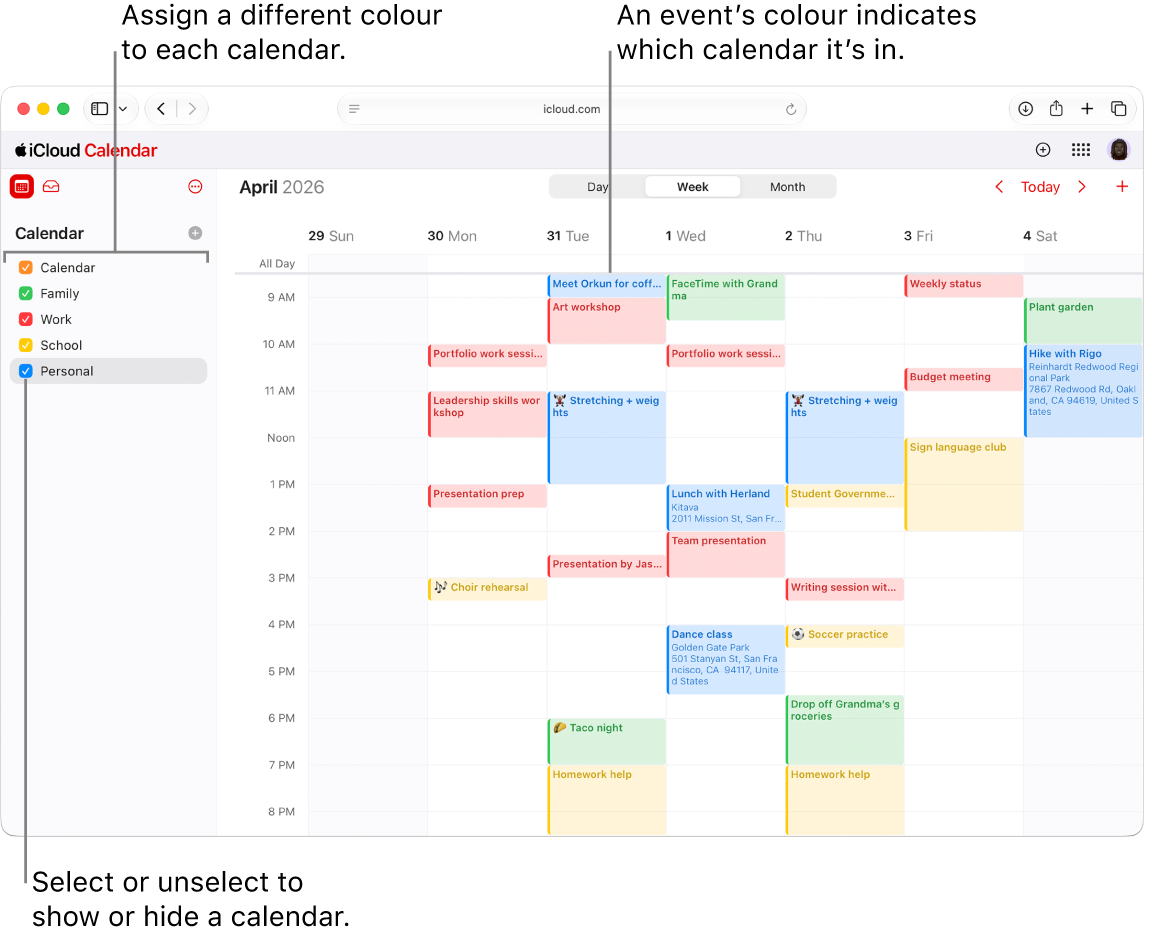 The Calendar window on iCloud.com, with several calendars visible. The calendars are assigned different colours, and an event’s colour indicates which calendar it’s in.