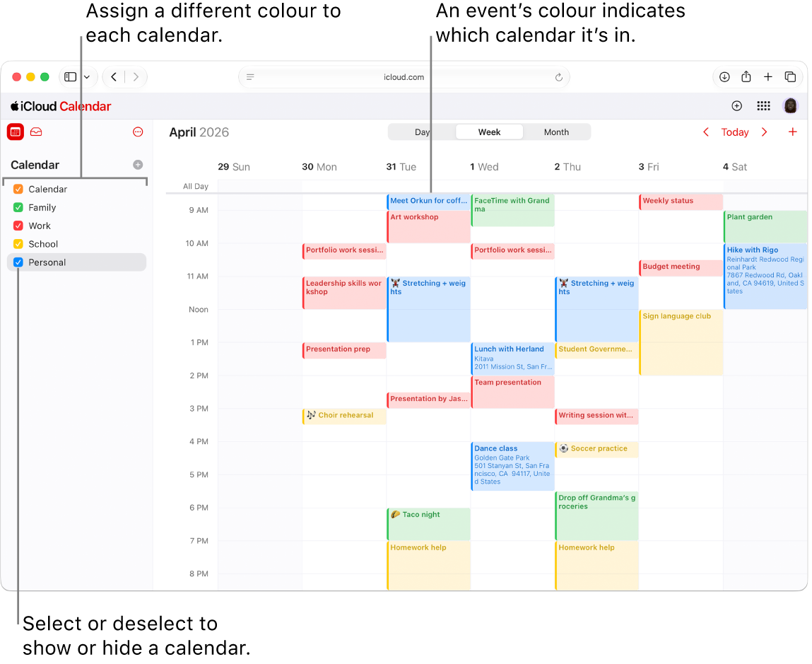 The Calendar window on iCloud.com, with several calendars visible. The calendars are assigned different colours, and an event’s colour indicates which calendar it is in.