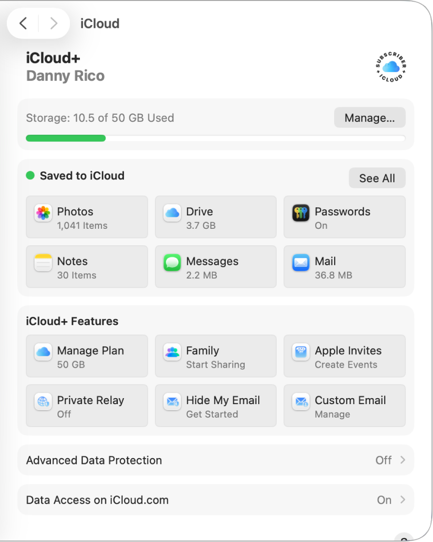 The System Settings window with iCloud features selected.
