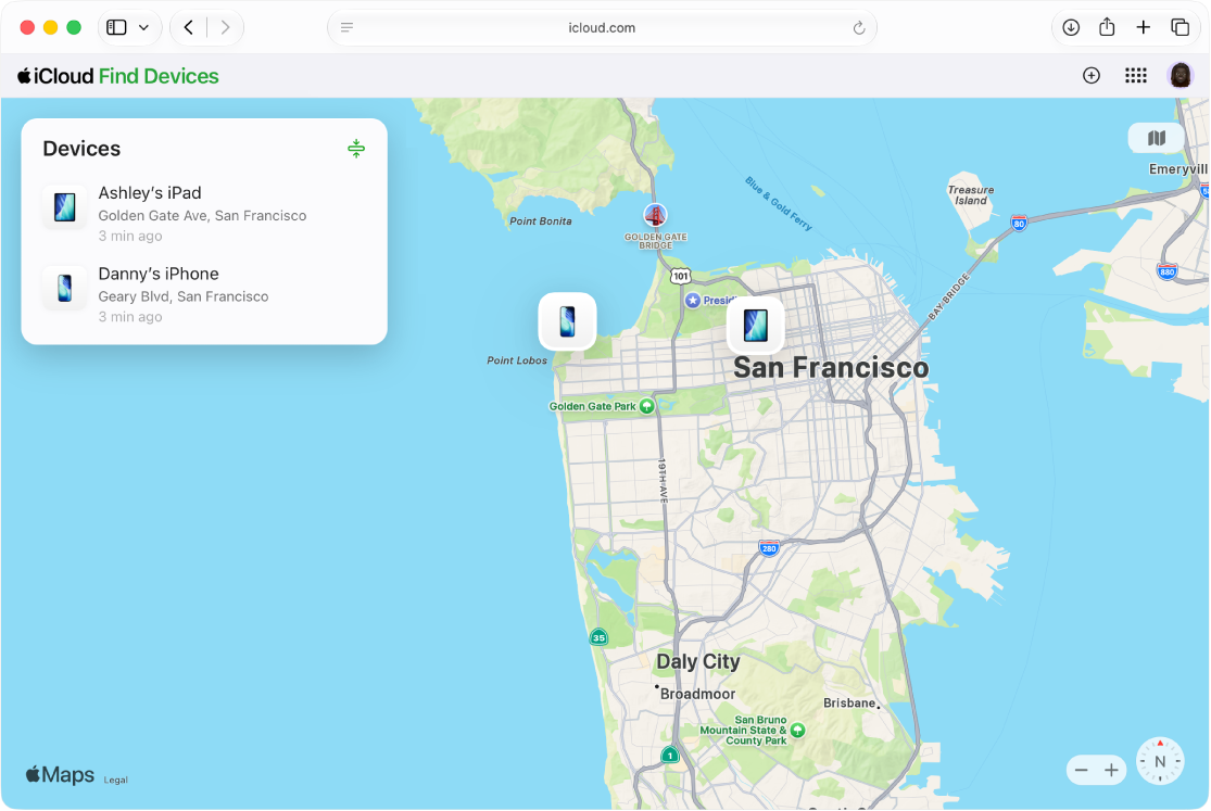 Find Devices on iCloud.com open in Safari on a Mac. The locations of two devices are shown on a map of San Francisco.