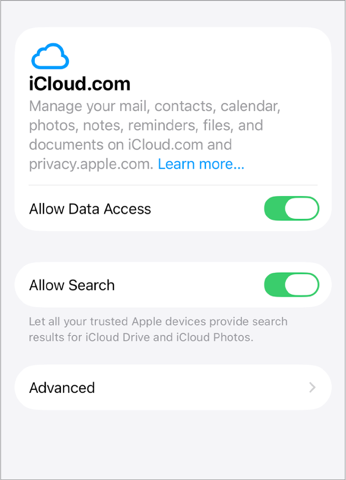 The iCloud.com window in System Settings with the Allow Data Access and Allow Search features turned on.