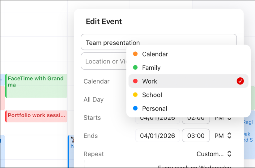 An event is open with the Calendar pop-up menu open next to the event’s name.
