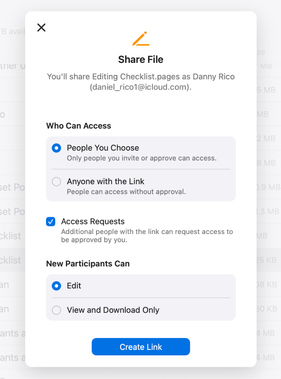 A pop-up window for sharing a file with Share Options visible.