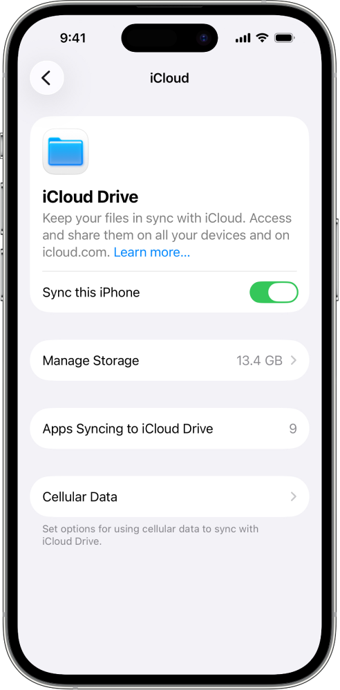 The iCloud Drive screen in iCloud settings. Sync this iPhone is turned on.