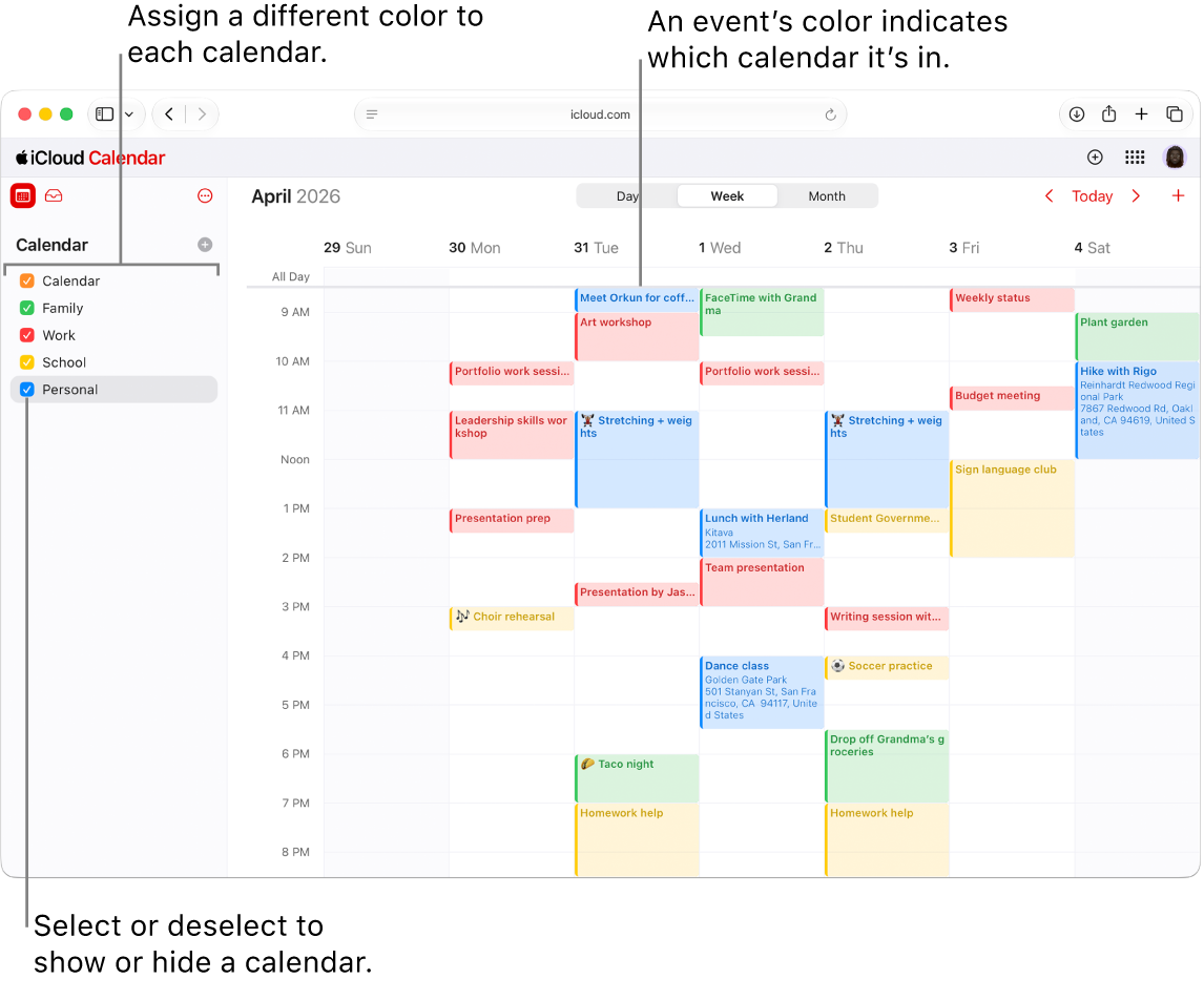 The Calendar window on iCloud.com, with several calendars visible. The calendars are assigned different colors, and an event’s color indicates which calendar it’s in.