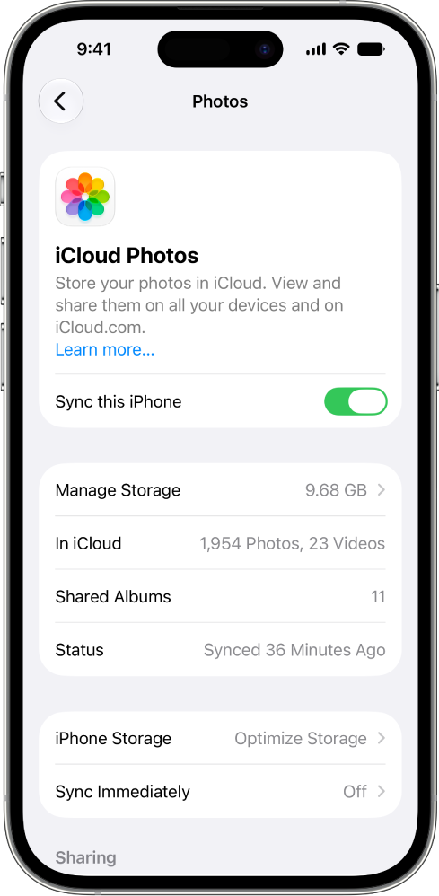 The iCloud Photos screen in iCloud settings. Sync this iPhone is turned on.