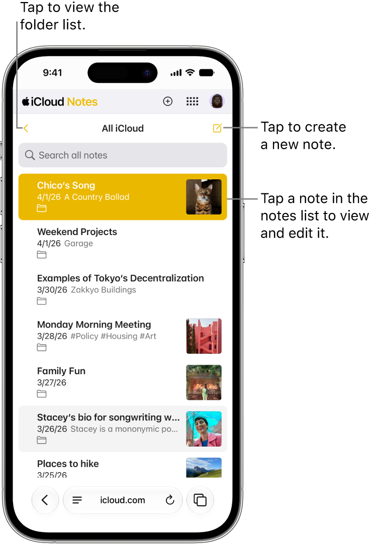 An open notes list on iCloud.com on a phone.