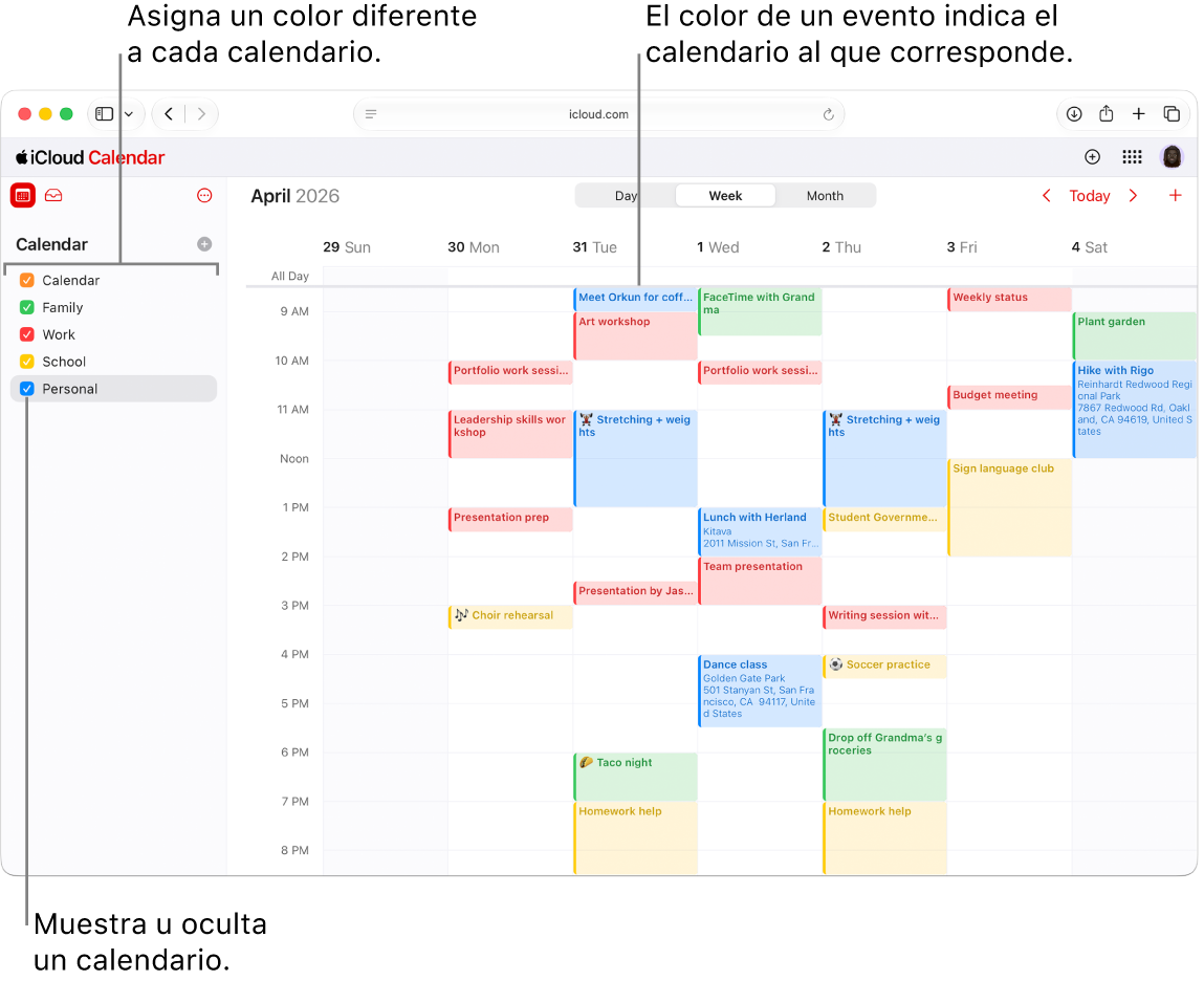 La ventana Calendario en iCloud.com, donde se ven varios calendarios. Los calendarios tienen asignados diferentes colores y el color de un evento indica en qué calendario se encuentra.