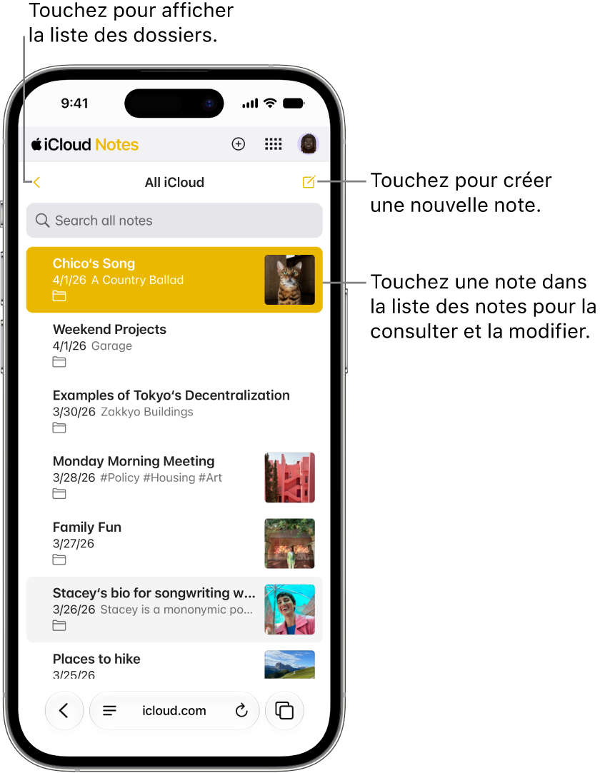 Une liste de notes ouvertes sur iCloud.com sur un téléphone.