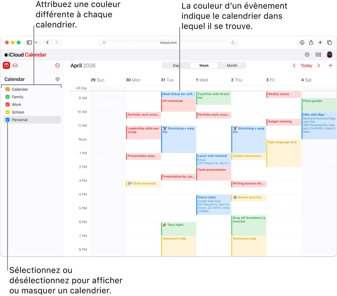 La fenêtre Calendrier sur iCloud.com, avec plusieurs calendriers visibles. Différentes couleurs sont attribuées aux calendriers et la couleur d’un événement indique le calendrier dans lequel il figure.