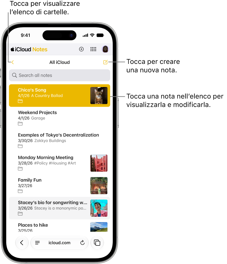 Un elenco di note aperte su iCloud.com su un telefono.
