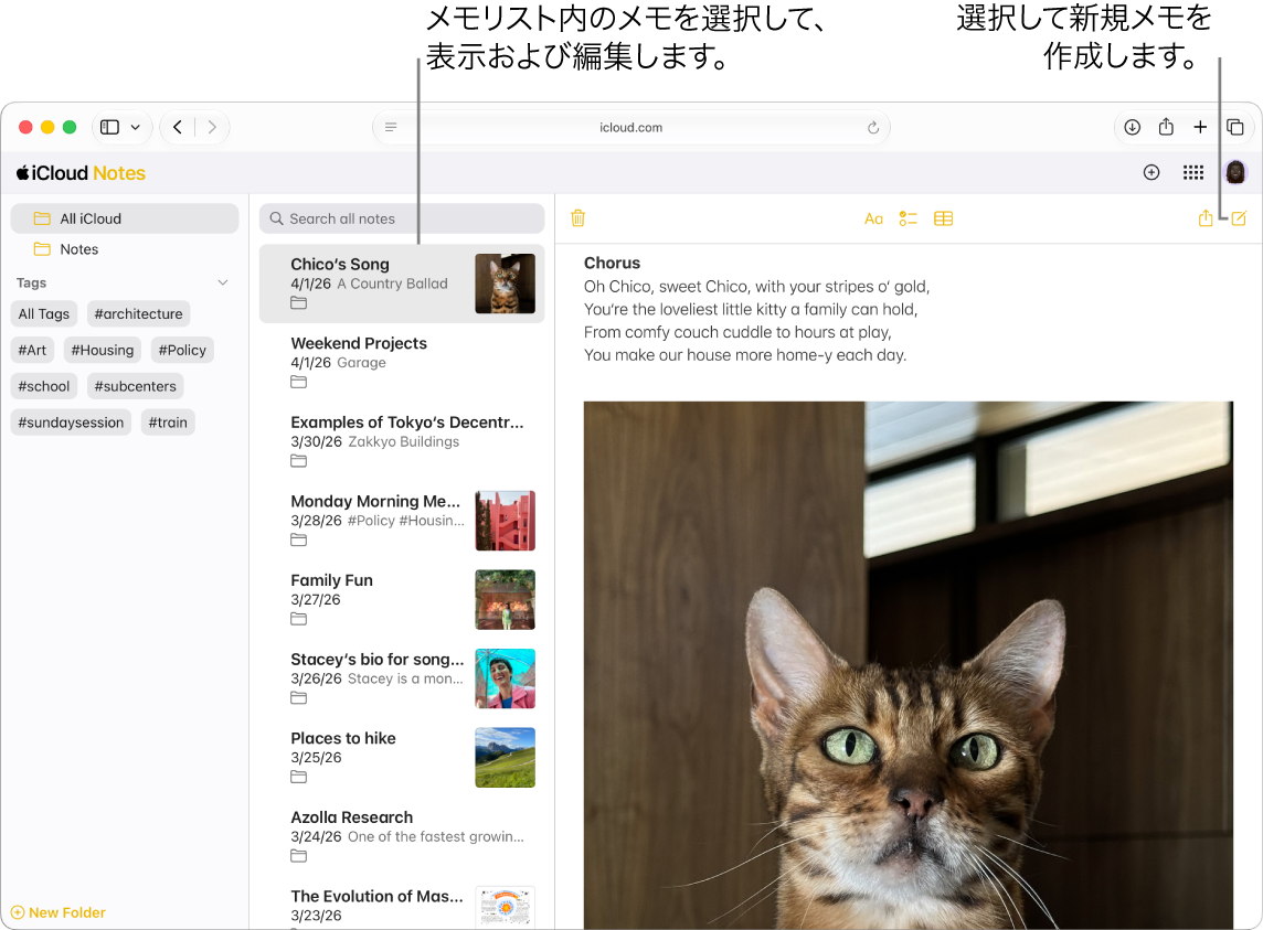 iCloud.comのメモが開き、サイドバーに複数のメモが表示され、サイドバーの右側にはメモが開いている。