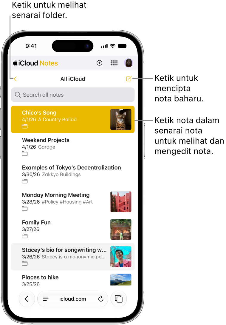 Senarai nota terbuka di iCloud.com pada telefon.