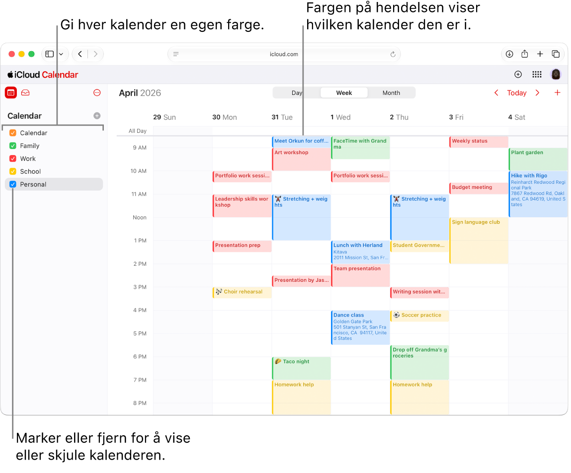 Kalender-vinduet på iCloud.com, med flere kalendere synlig. Kalenderne er tilordnet forskjellige farger, og fargen på hendelser indikerer hvilken kalender den hører til.