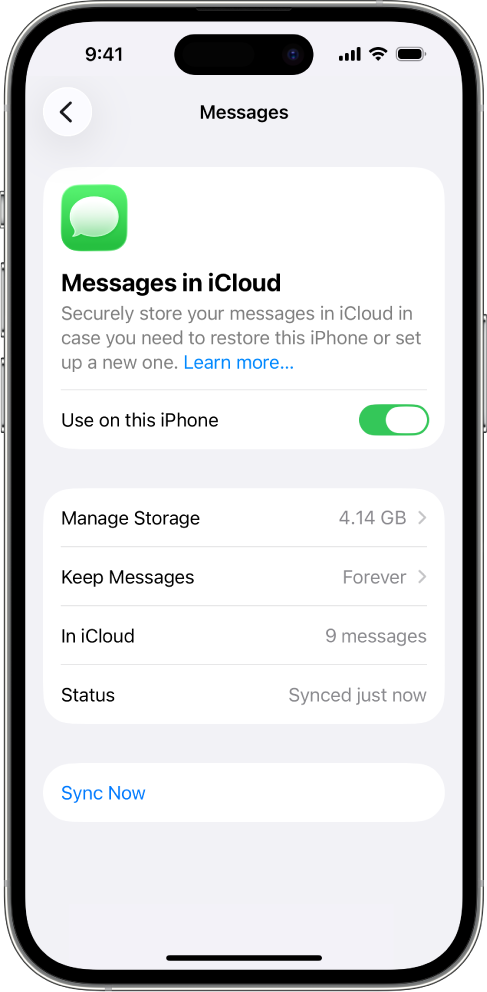 Meldinger-skjermbildet i iCloud-innstillingene. Synkroniser denne iPhonen er slått på.