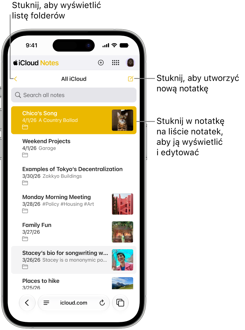 Otwarta lista notatek na stronie iCloud.com na telefonie.