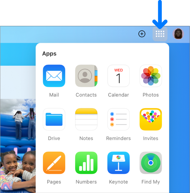 На домашней странице iCloud открыто средство запуска приложений, в котором отображаются следующие приложения: «Почта», «Контакты», «Календарь», «Фото», iCloud Drive, «Заметки», «Напоминания», «Приглашения», Pages, Numbers, Keynote и «Локатор».