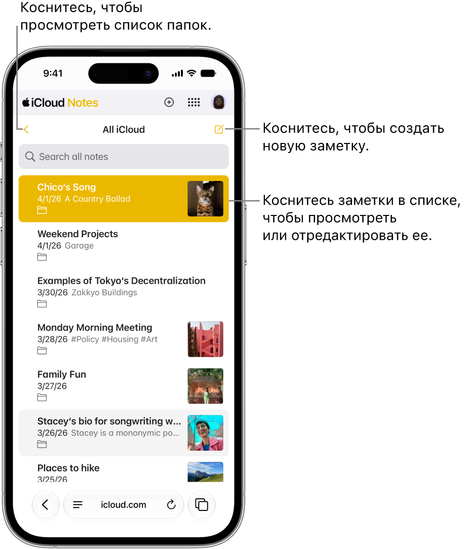 Открыт список заметок на сайте iCloud.com на телефоне.