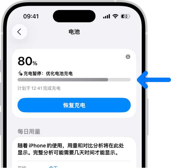 iPhone “电池”设置中的充电信息卡片。卡片显示电量 80%,以及信息“充电暂停:优化电池充电。”预计下午 12:41 完成充电,并带有“恢复充电”选项。