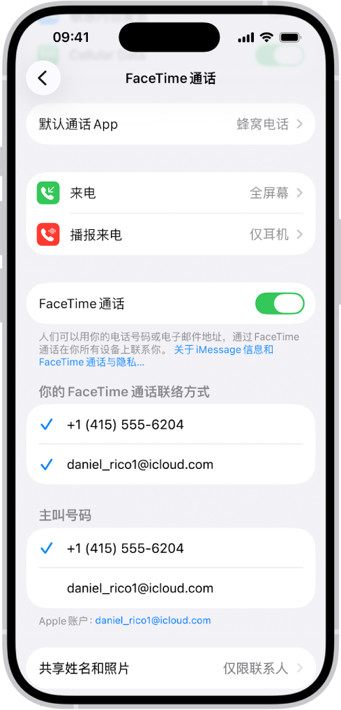 FaceTime 通话设置屏幕,显示“默认通话 App”选项、打开或关闭 FaceTime 通话的控制,以及可联系到你的电话号码和电子邮件地址。