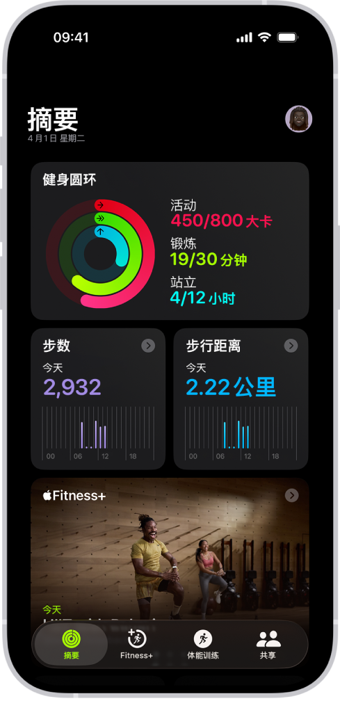 “健身”中的“摘要”屏幕，显示“健身圆环”、“步数”、“步行距离”和 Apple Fitness+ 区域。