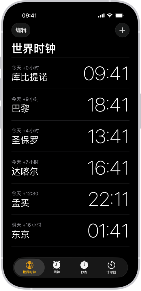 “世界时钟”标签，显示各个城市的时间。左上角附近的“编辑”按钮可让你重新排序或删除时钟。右上角附近的“添加”按钮可让你添加更多时钟。“世界时钟”、“闹钟”、“秒表”和“计时器”按钮位于底部。