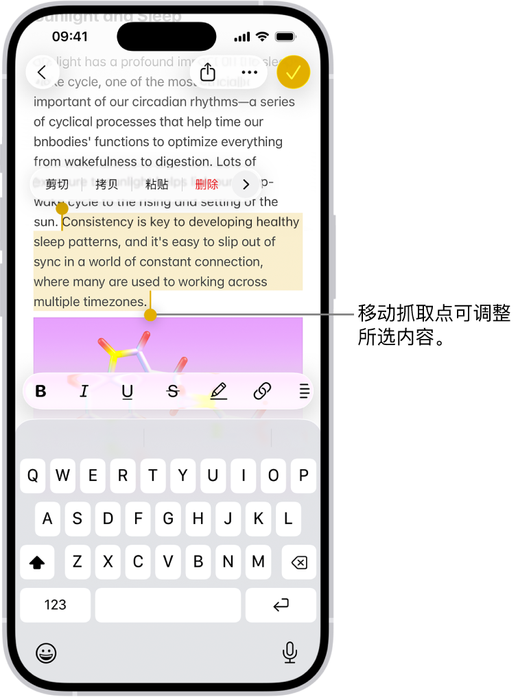 “备忘录” App 的备忘录中选中了文本。所选文本上方是“剪切”、“拷贝”、“粘贴”和“自动填充”按钮。所选文本高亮标记,并带有用于从任一端调整所选内容的抓取点。