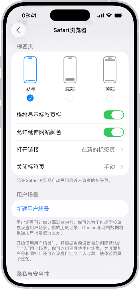 屏幕显示 Safari 浏览器三个布局选项：紧凑、底部和顶部。