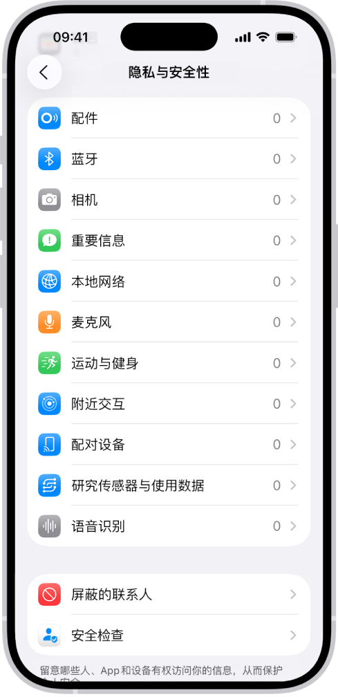 “隐私与安全性”屏幕，显示用于控制 App 可否使用 iPhone 相机、麦克风及其他部分的设置。