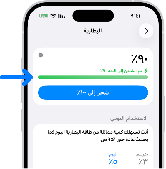 بطاقة معلومات الشحن في إعدادات بطارية iPhone. البطاقة تظهر أن مستوى شحن البطارية 90٪ مع رسالة بأن "تم الشحن إلى حد 90٪". زر يقدِّم خيارًا لـ "الشحن إلى 100٪".