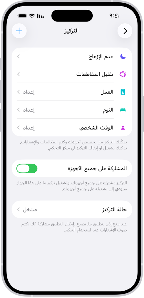 شاشة تعرض خمسة خيارات تركيز متوفرة - عدم الإزعاج وعدم وجود رسائل أثناء المكالمات والنوم وشخصي والعمل. خيار المشاركة على جميع الأجهزة قيد التشغيل، والذي يسمح باستخدام نفس إعدادات التركيز عبر أجهزة Apple الخاصة بك.