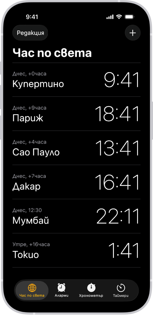 Бутонът Час по света, показващ часа в различни градове. Бутонът Редактирай до горния ляв ъгъл ви позволява да подреждате или изтривате часовници. Бутонът Добави до горния десен ъгъл ви позволява да добавяте още часовници. В долния край са бутоните Час по света, Будилник, Хронометър и Таймери.