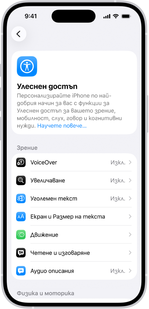Екранът Улеснен достъп в Настройки, показващ вградените функции за Зрение.