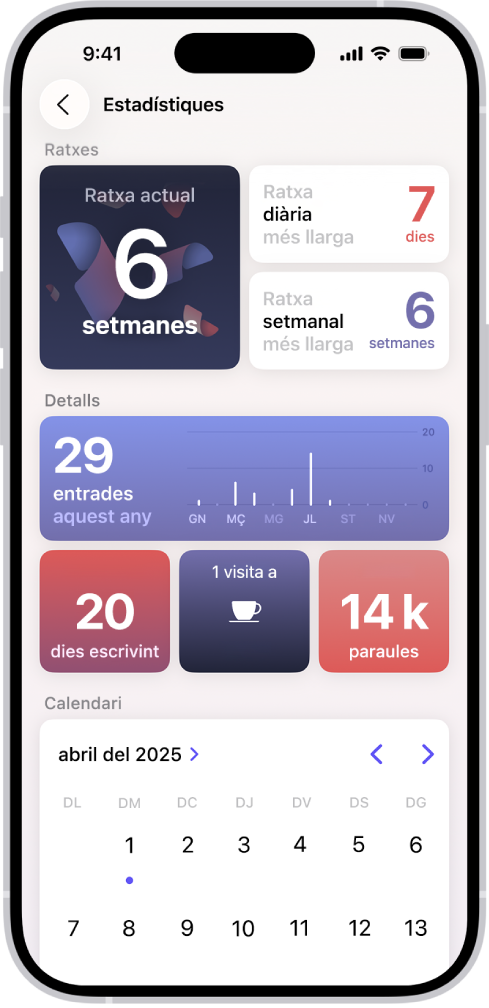 Una pantalla de l’app Diari que mostra la ratxa actual i altres dades, com ara el nombre de paraules que has escrit.