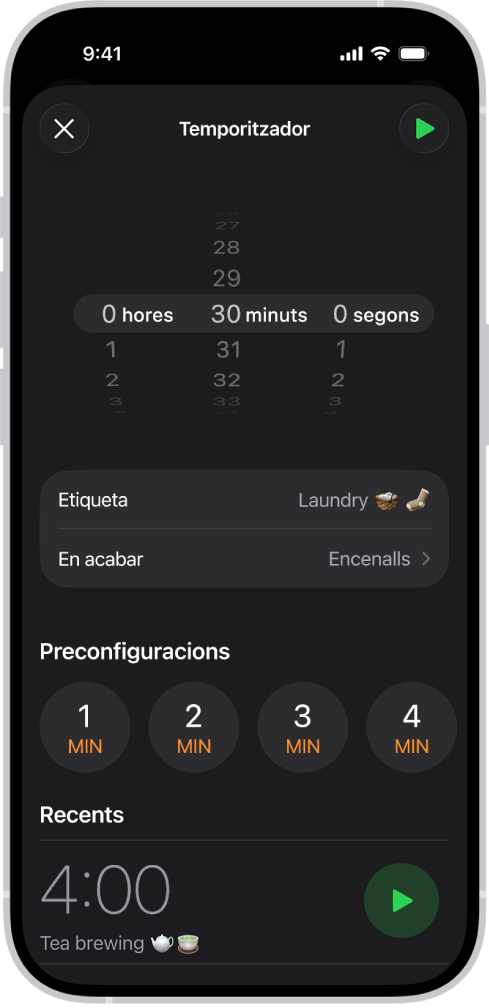 Es mostra una pantalla per afegir un temporitzador amb la configuració per configurar-ne un i un botó per iniciar un temporitzador que hagis creat fa poc.