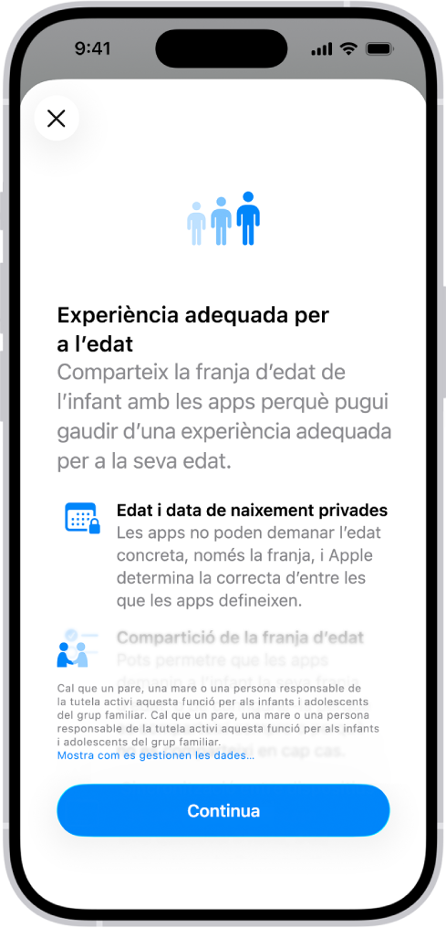 La pantalla “Experiència adequada per a l’edat” de la configuració, en què s’explica com es pot compartir la franja d’edat d’un infant perquè pugui gaudir d’una experiència adequada a la seva edat.