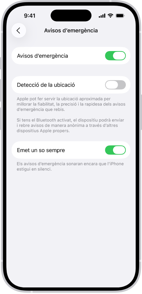 La pantalla dels avisos d’emergència, amb les opcions “Avisos d’emergència”, “Detecció de la ubicació” i “Emet un so sempre” activades.