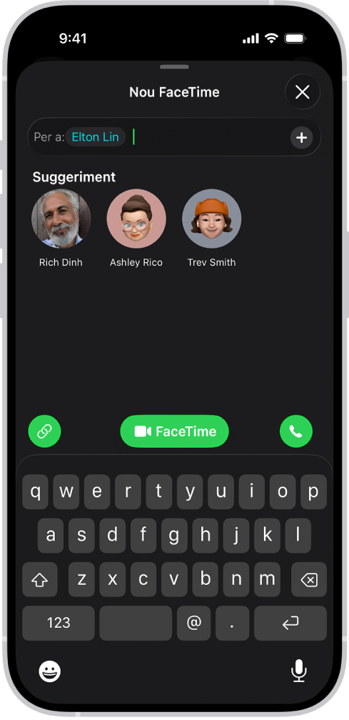 La pantalla per iniciar una trucada del FaceTime amb els botons “Crea un enllaç” i “Nova trucada” per començar una trucada de vídeo o d’àudio del FaceTime.