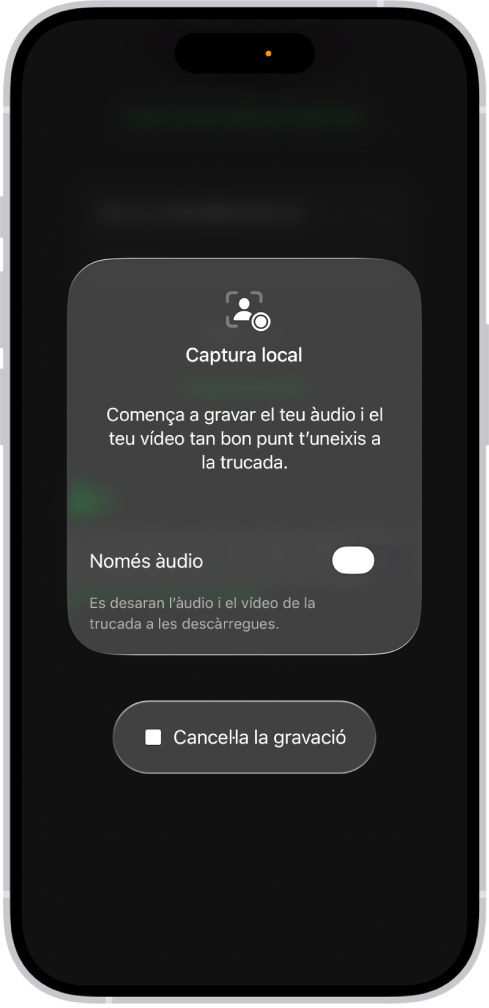 La pantalla per iniciar la captura local d’àudio i vídeo de la teva banda d’una videoconferència.