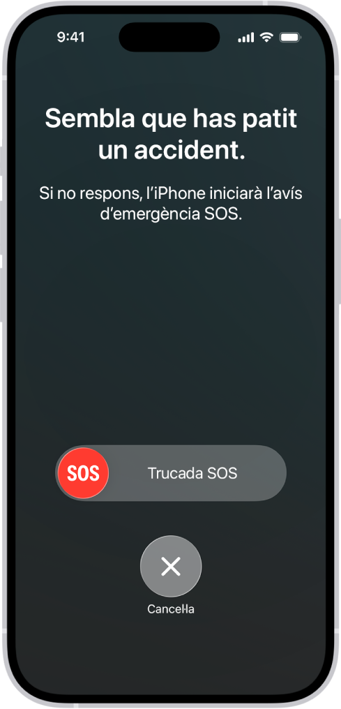La pantalla de detecció d’accidents amb una notificació en què s’indica que has tingut un accident. A sota, hi ha el regulador de trucada als serveis d’emergències i el botó “Cancel·la”.