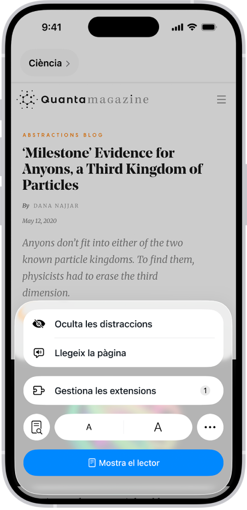 Un lloc web obert al Safari i al camp de l’adreça es mostra que el lector està disponible per al lloc web.