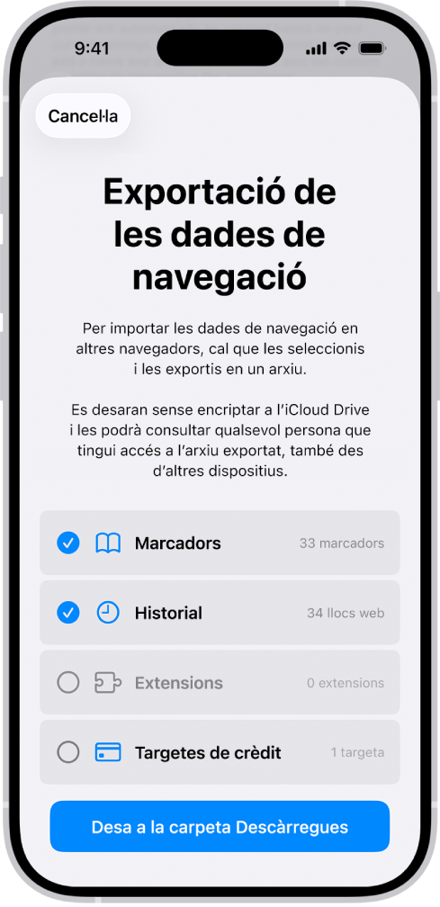 La pantalla d’exportació de les dades de navegació, en què es mostren les dades que es poden exportar del Safari a un altre navegador.