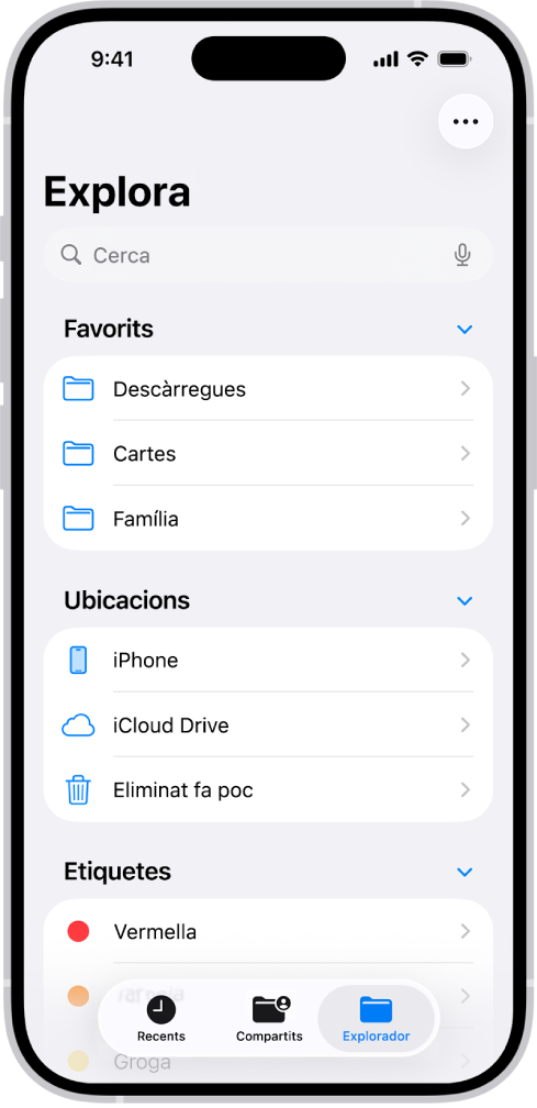 L’app Arxius mostra diverses carpetes i ubicacions anomenades “Descàrregues”, “Cartes”, “Família”, etc. En la part inferior de la pantalla hi ha els botons corresponents als arxius recents, als arxius compartits i a la pestanya “Explora”.