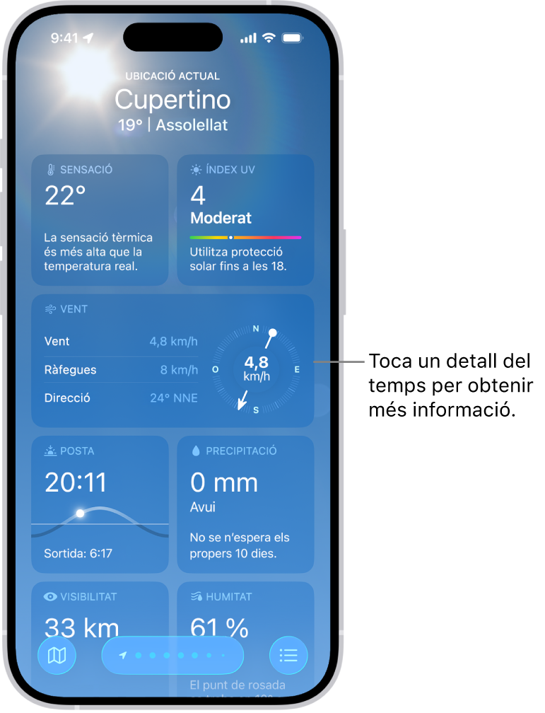 L’app Temps mostrant la ubicació actual a la part superior i, a sota, la temperatura i les condicions meteorològiques actuals. La resta de la pantalla conté altres dades relacionades amb el temps, com l’índex UV, el vent i la precipitació.