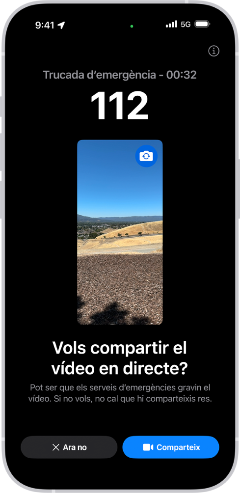Un pantalla de vídeo en directe de l’avís d’emergència SOS que mostra una trucada d’emergència al número 112 amb una previsualització del vídeo al centre. A la part inferior, hi ha els botons “Ara no” i “Vídeo compartit”.