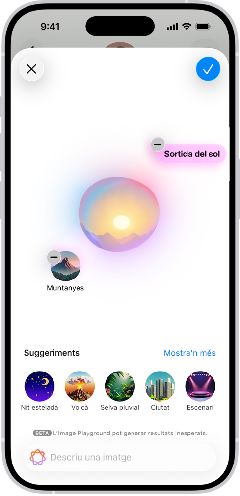 La finestra de l’Image Playground a l’app Missatges mostra un fons creat.