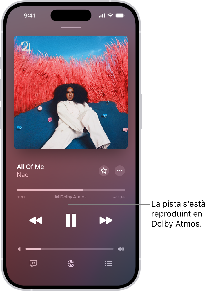 Pantalla “Ara sona” que mostra la icona “Dolby Atmos” a la pista que s’està reproduint.
