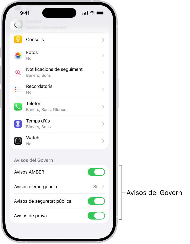 A la pantalla de notificacions es mostra la secció d’avisos del Govern, en què pots activar els avisos del Govern que vulguis rebre.