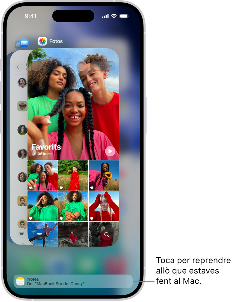 El selector d’app de l’iPhone mostra una notificació del Handoff a la part inferior de la pantalla.